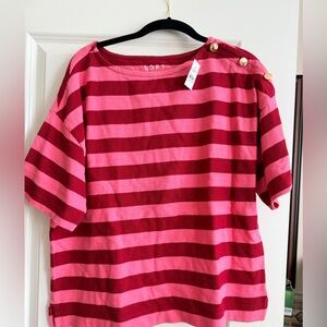 LOFT Women's Bold Pink and Red Striped Tee